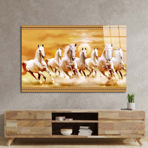 Sunrise White Lucky Seven Running Horses Glass Wall Art