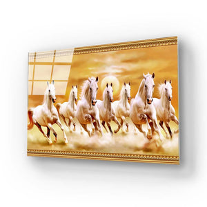 Sunrise White Lucky Seven Running Horses Glass Wall Art