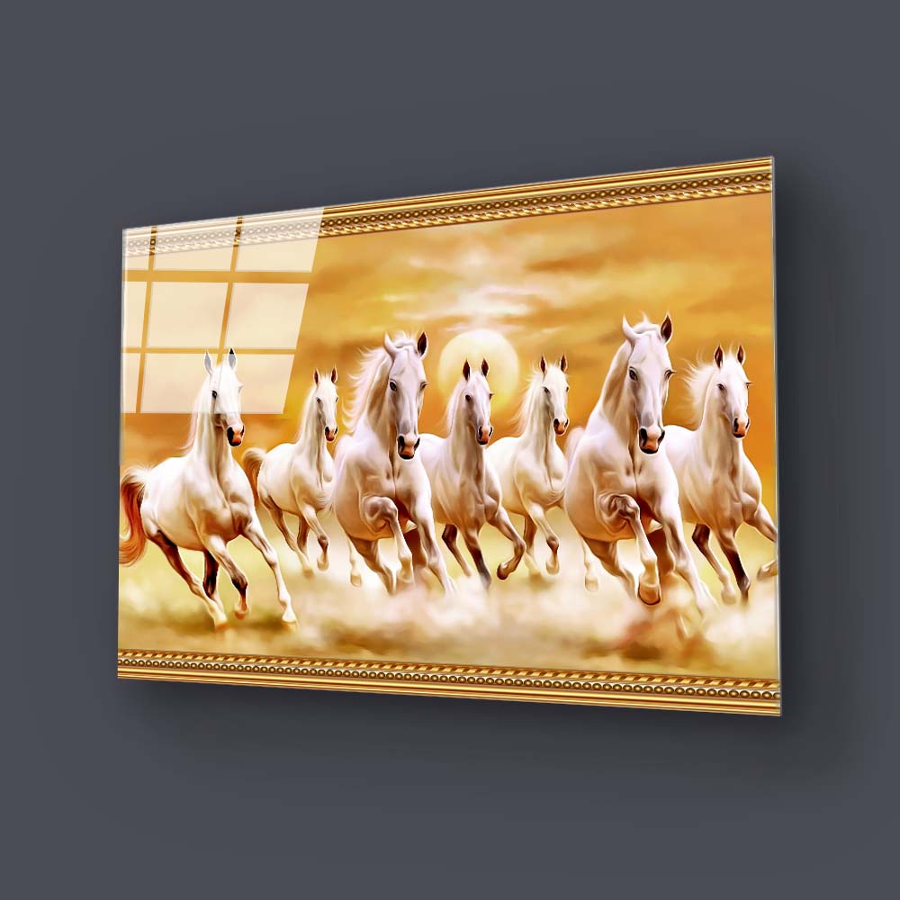 Sunrise White Lucky Seven Running Horses Glass Wall Art