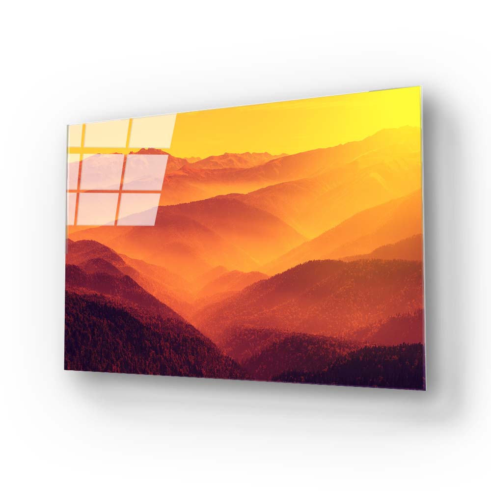 Sunset Mountain Forest Glass Wall Art
