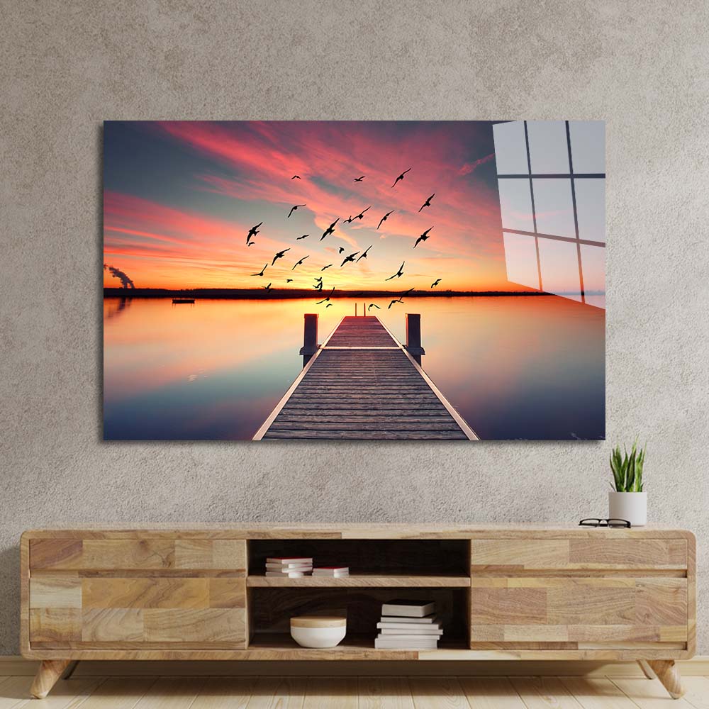 Sunset Pier Glass Wall Art
