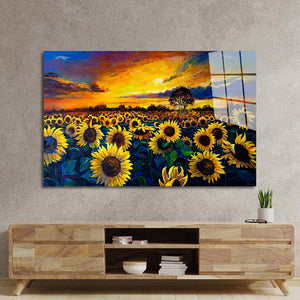 Sunset Sunflower Field Glass Wall Art