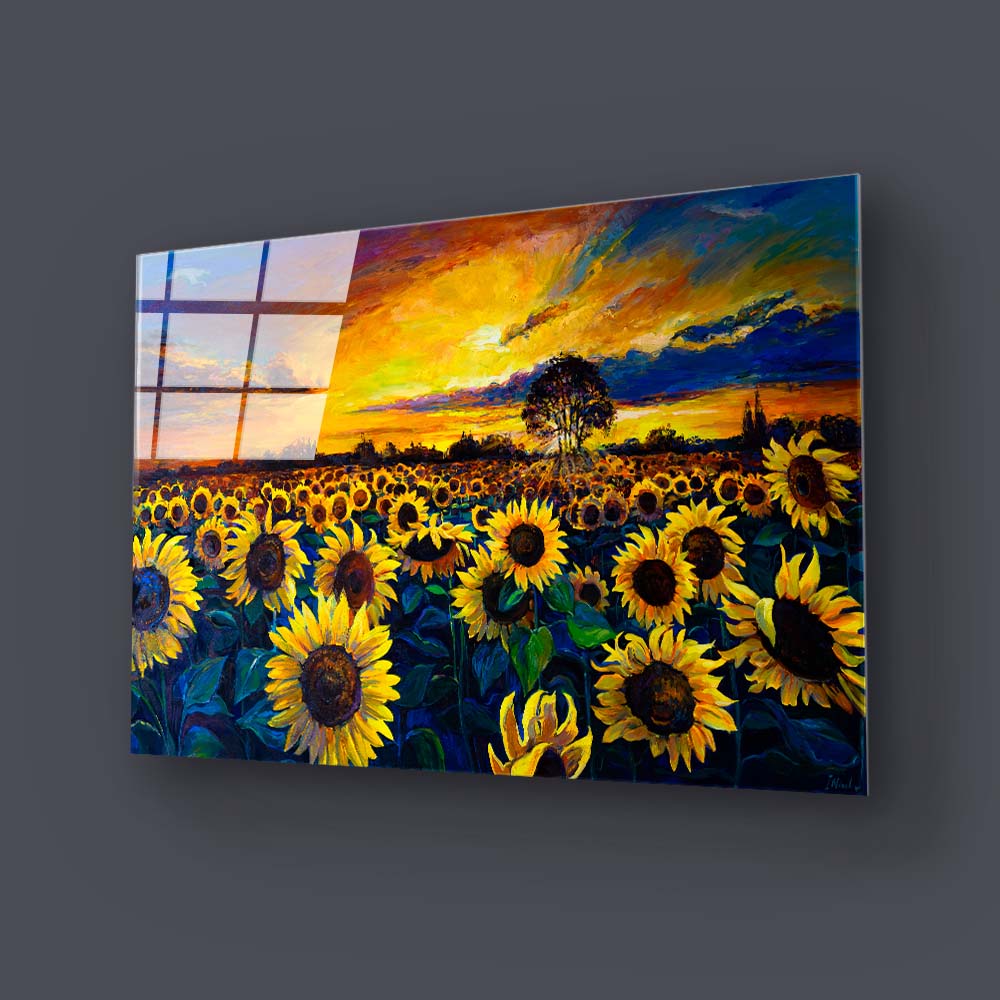 Sunset Sunflower Field Glass Wall Art