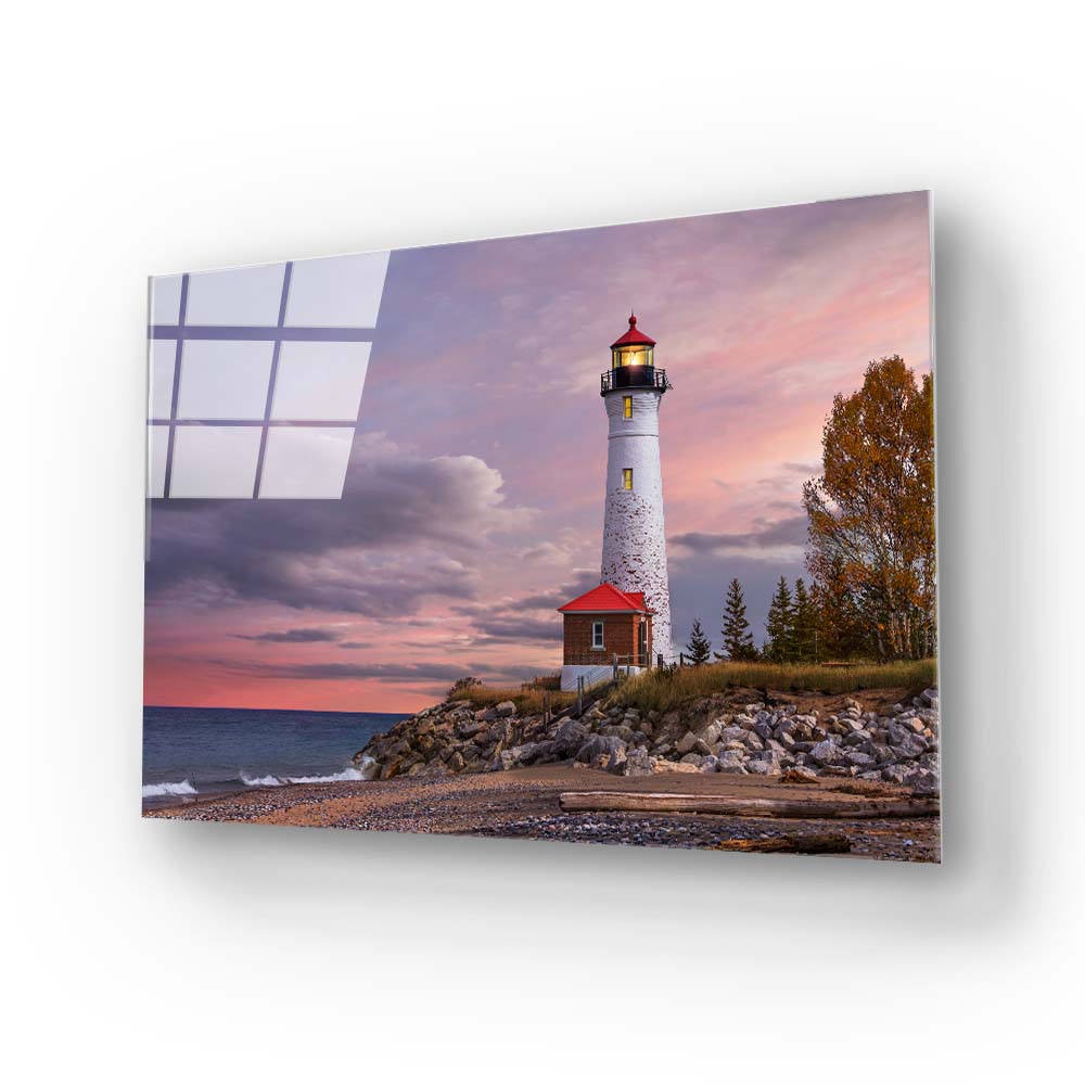 The Crisp Point Lighthouse During Sunset Glass Wall Art