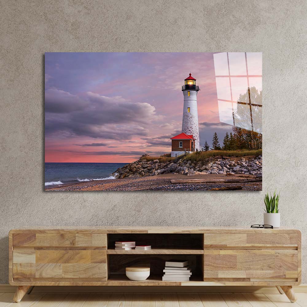 The Crisp Point Lighthouse During Sunset Glass Wall Art