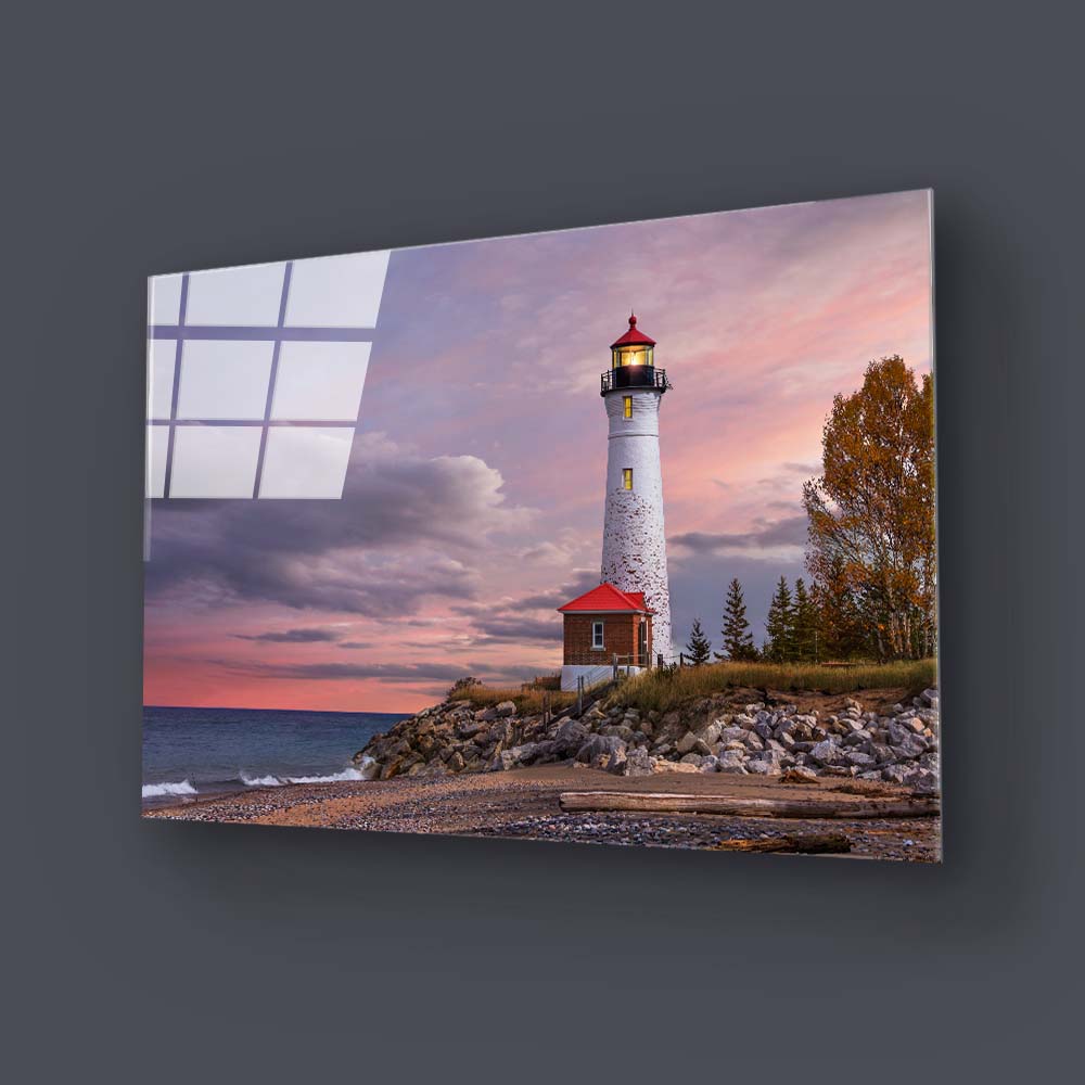 The Crisp Point Lighthouse During Sunset Glass Wall Art