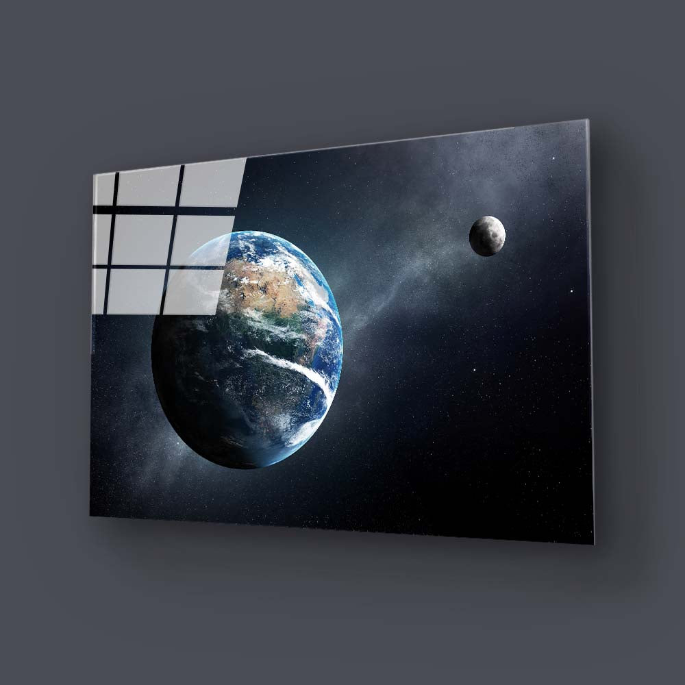 The Earth and Moon with the Milky Way Glass Wall Art