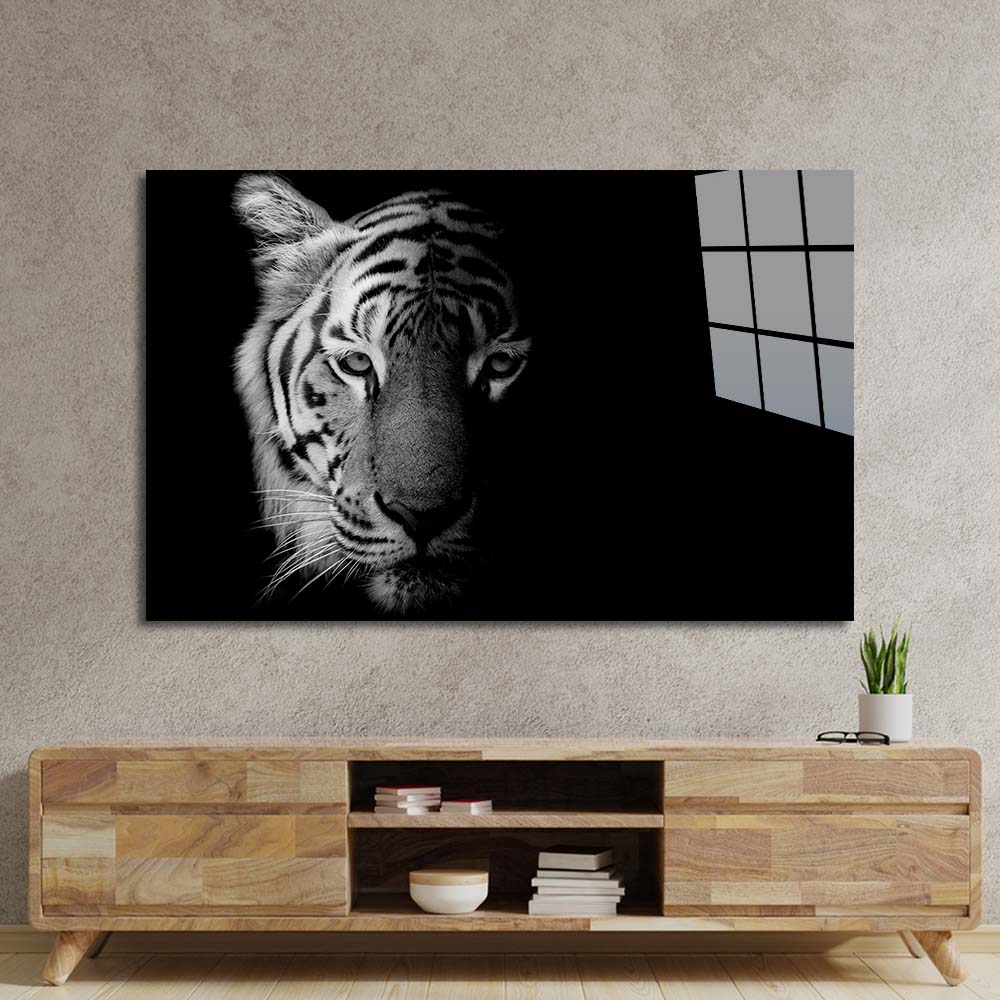Tiger Black and White Glass Wall Art