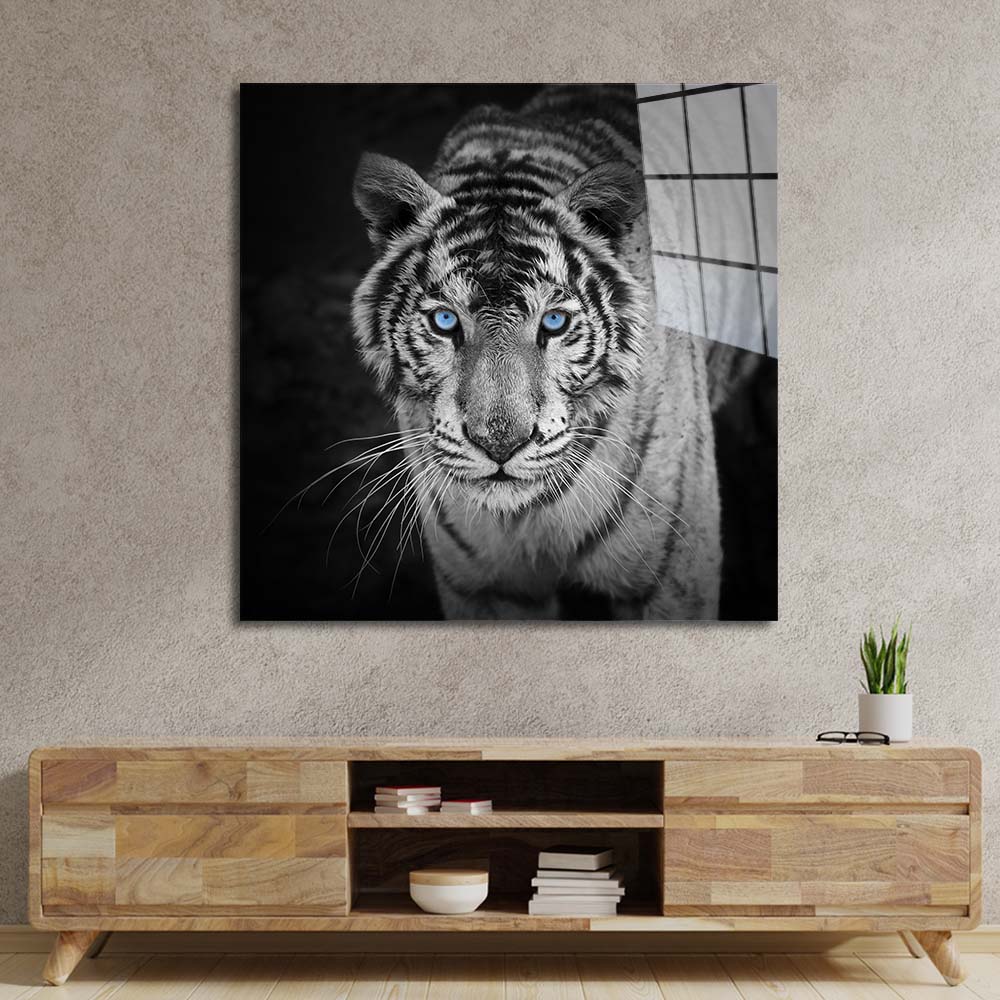 Tiger with Blue Eyes Glass Wall Art