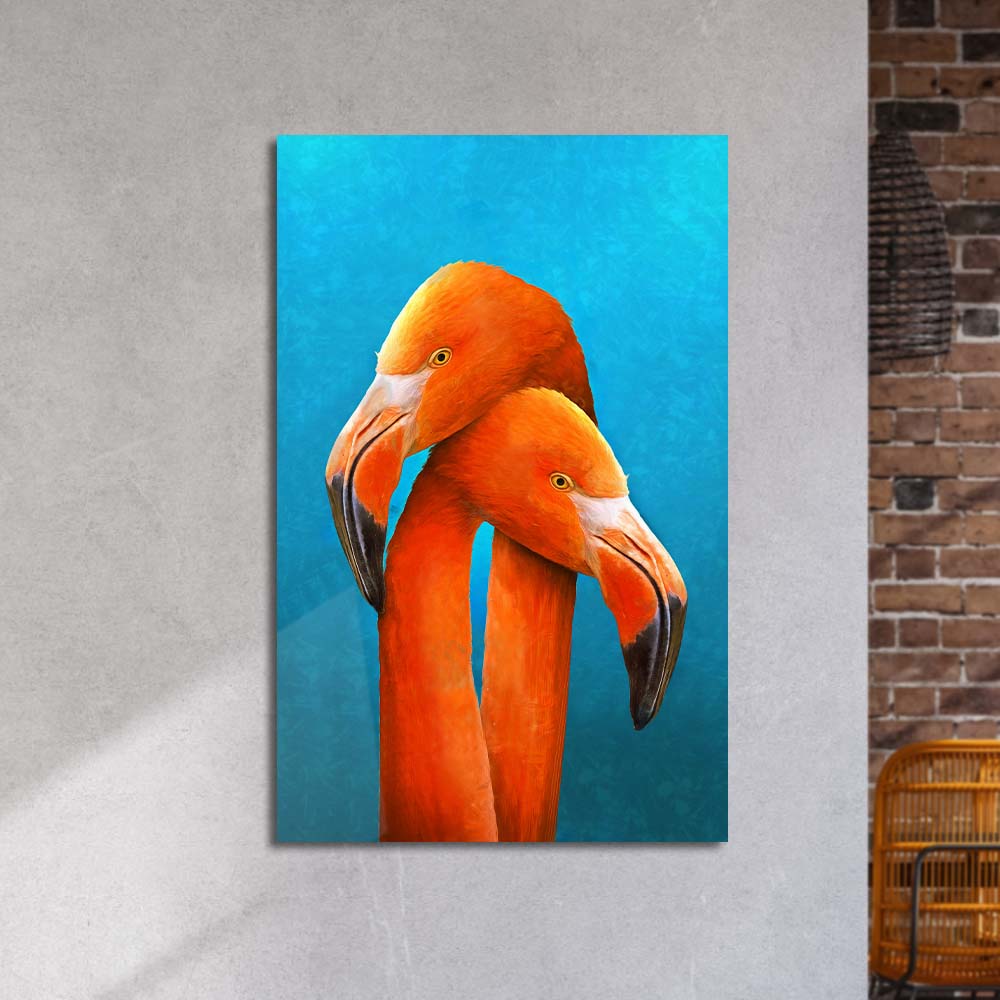 Two Orange Flamingos Painting Glass Wall Art