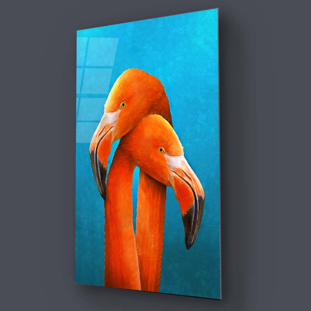 Two Orange Flamingos Painting Glass Wall Art