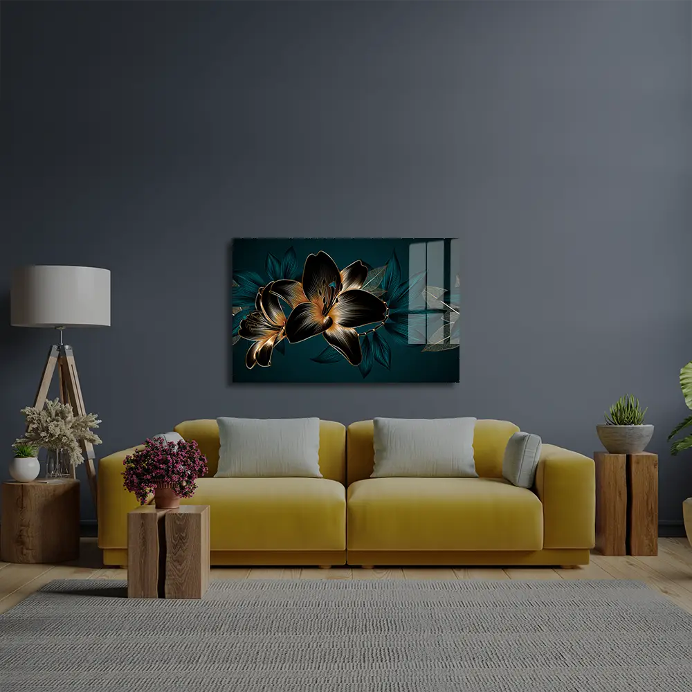 Vintage Elegant Luxury Gold Background Hand Drawn Lily Flowers Green Exotic Leaves Glass Wall Art