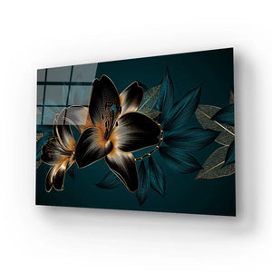 Vintage Elegant Luxury Gold Background Hand Drawn Lily Flowers Green Exotic Leaves Glass Wall Art