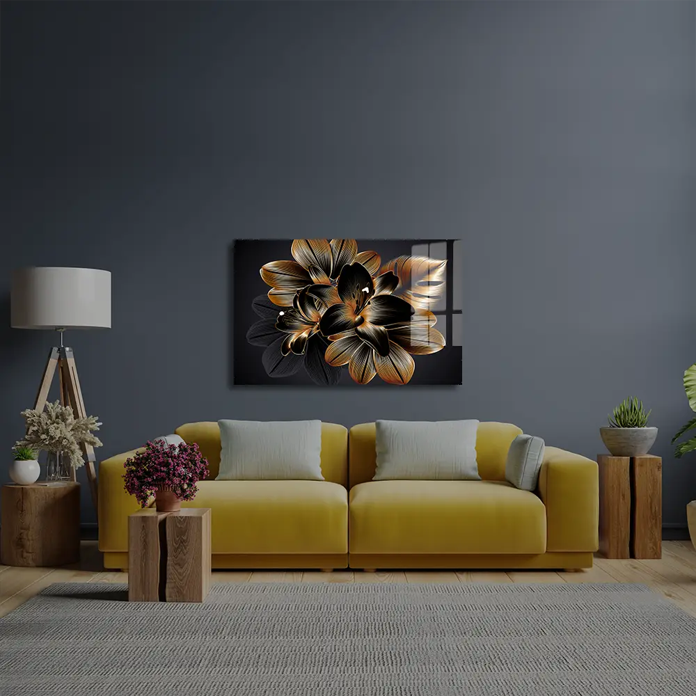 Vintage Luxury Seamless Floral Background Golden Lilies Flower Glass Wall Art