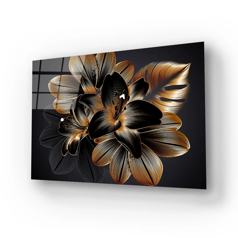 Vintage Luxury Seamless Floral Background Golden Lilies Flower Glass Wall Art