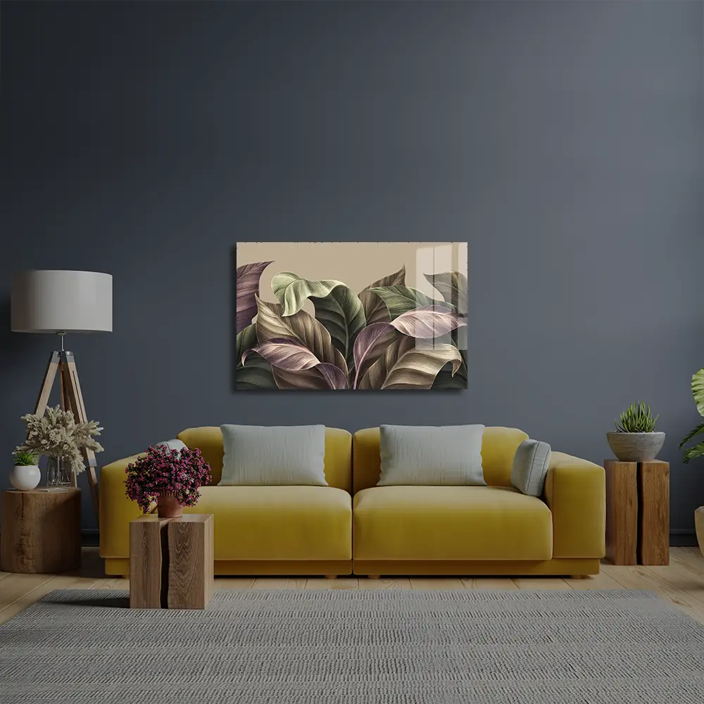 Vintage Tropical Green Brown Leaves Glass Wall Art