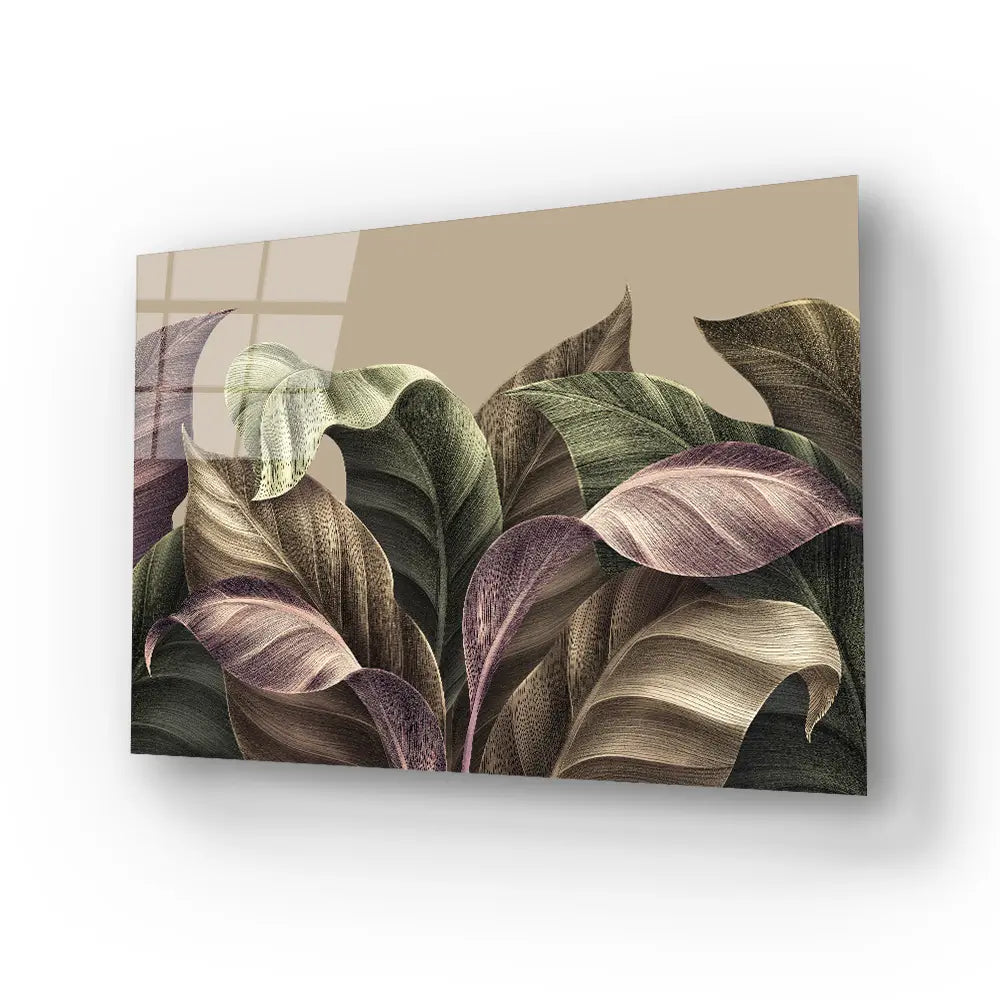 Vintage Tropical Green Brown Leaves Glass Wall Art
