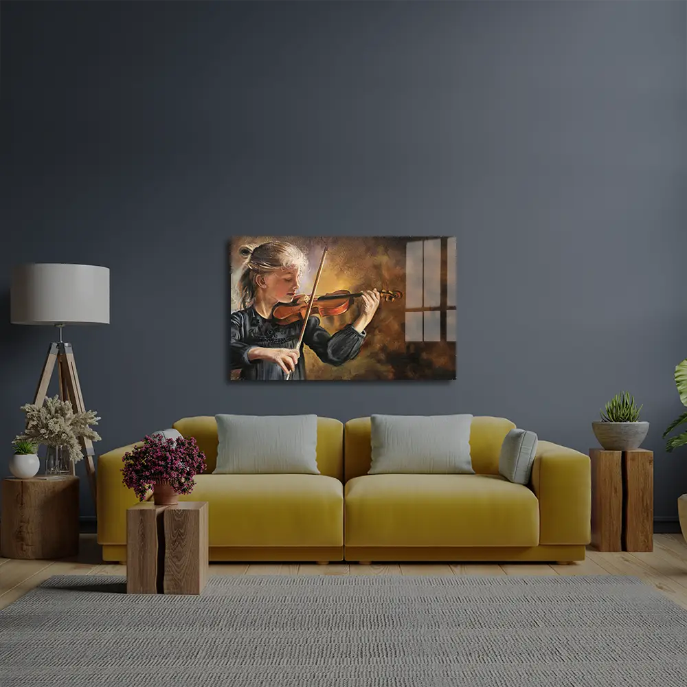Violin Player Torn Edges Glass Wall Art