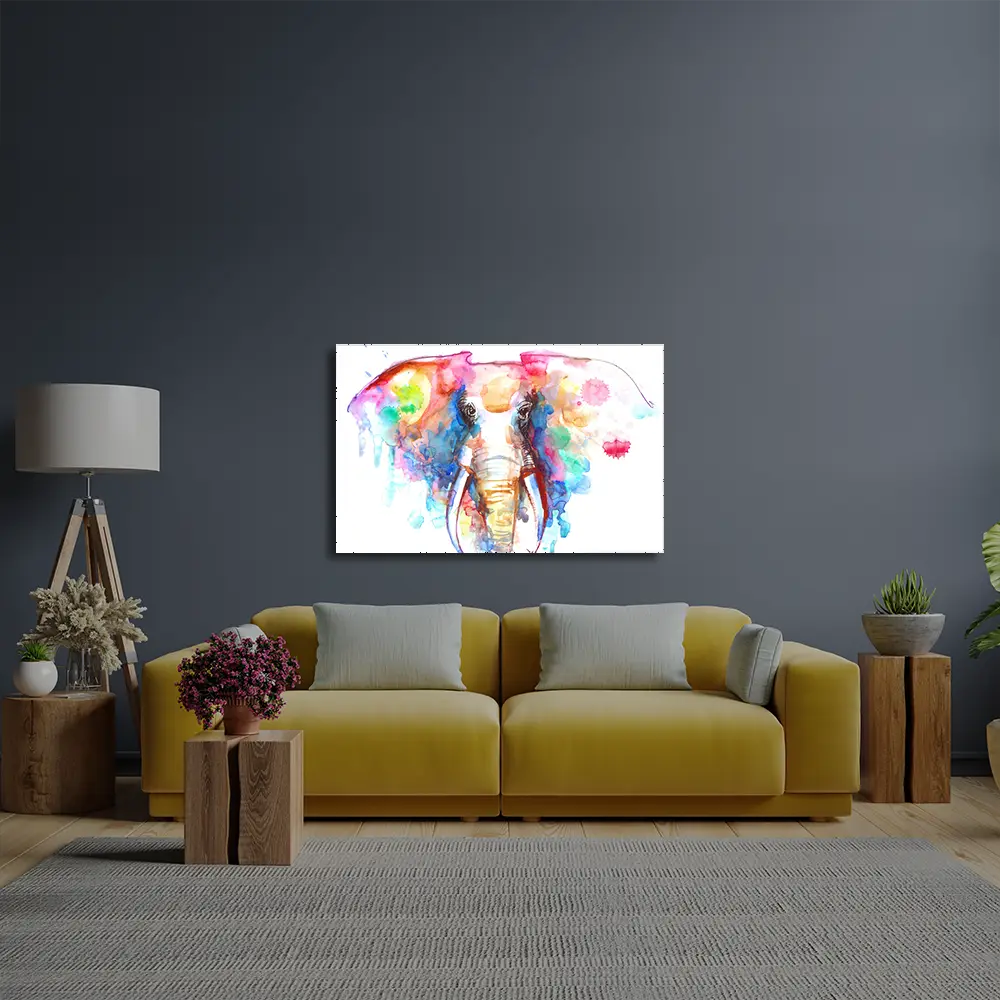 Watercolor Elephant White Background Glass Wall Art