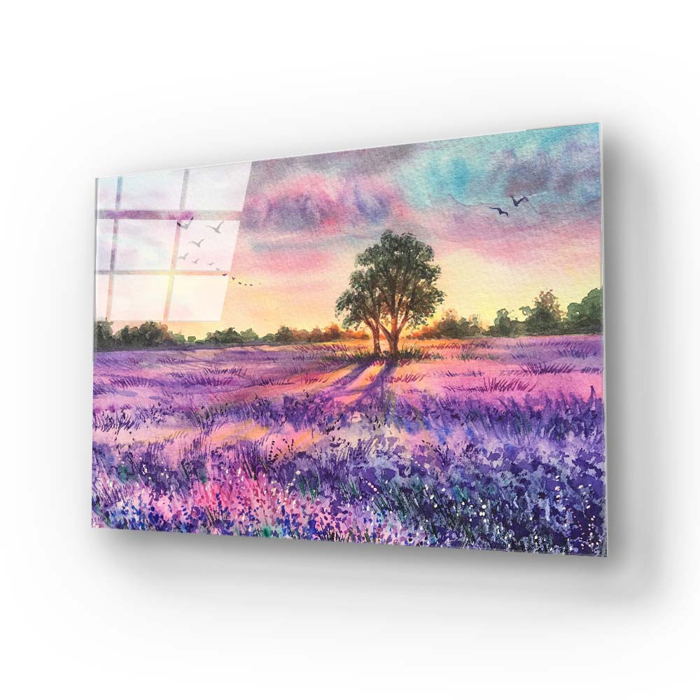Watercolour Lavender Field Glass Wall Art