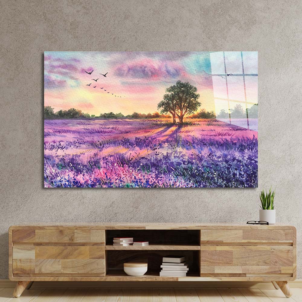 Watercolour Lavender Field Glass Wall Art