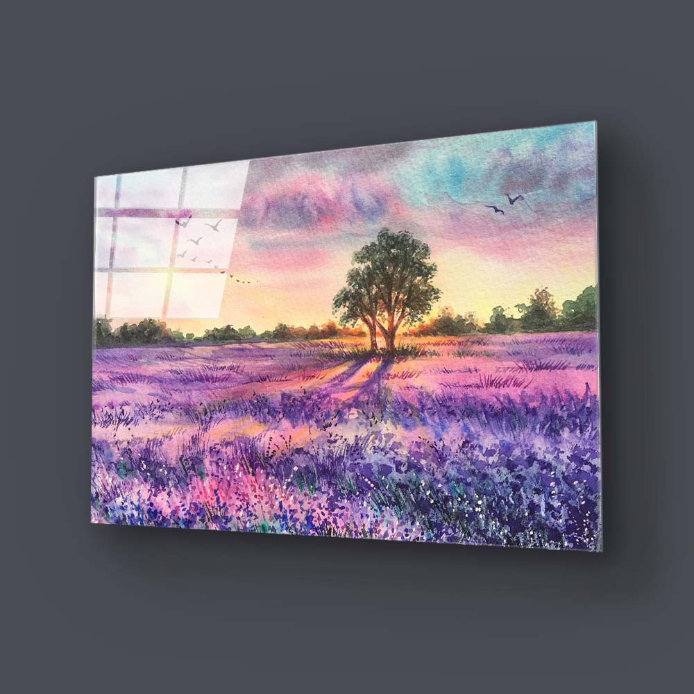 Watercolour Lavender Field Glass Wall Art