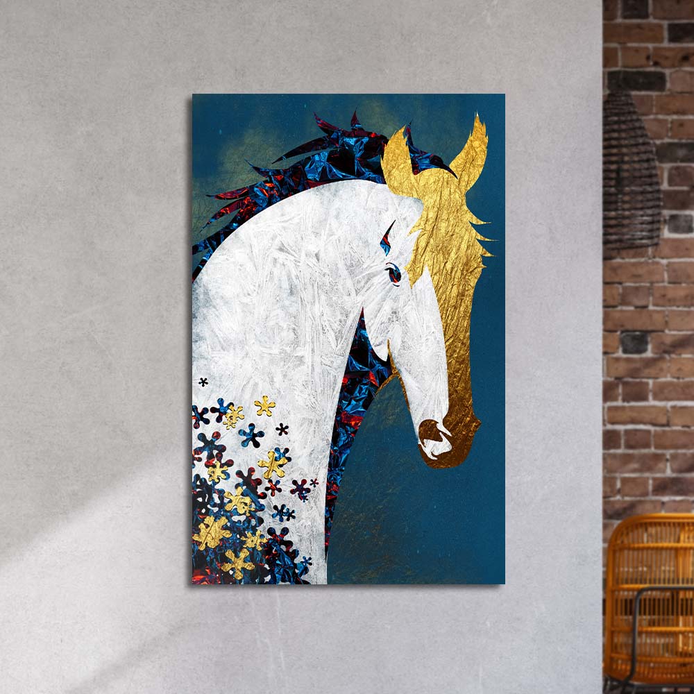 White and Gold Horse Collage Glass Wall Art