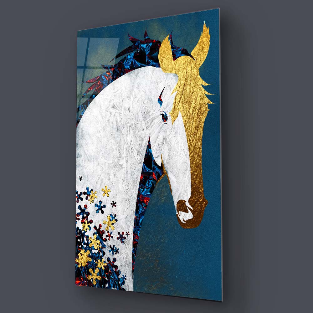 White and Gold Horse Collage Glass Wall Art