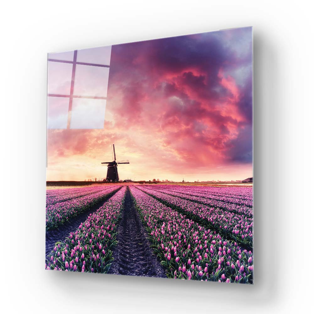 Windmill and Tulips Glass Wall Art