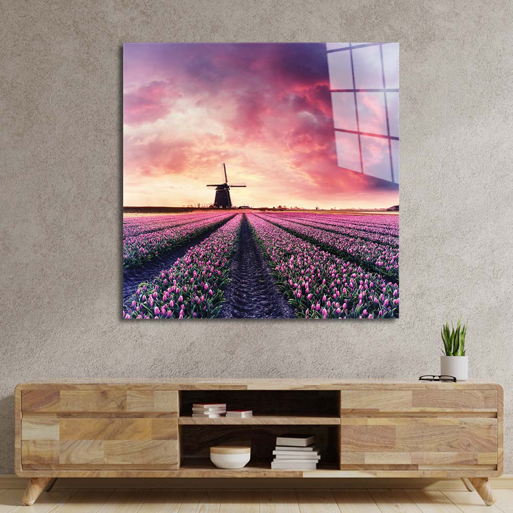 Windmill and Tulips Glass Wall Art