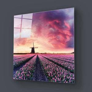 Windmill and Tulips Glass Wall Art
