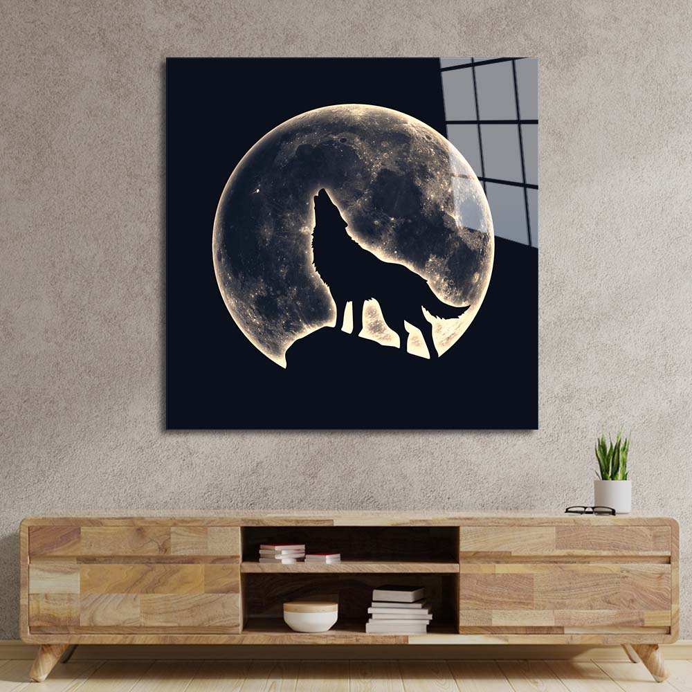 Wolf Under the Moon Glass Wall Art