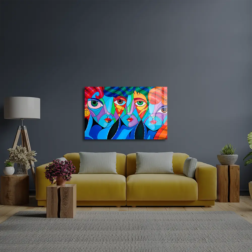 Woman Cubism Face Girl Portrait Glass Wall Art