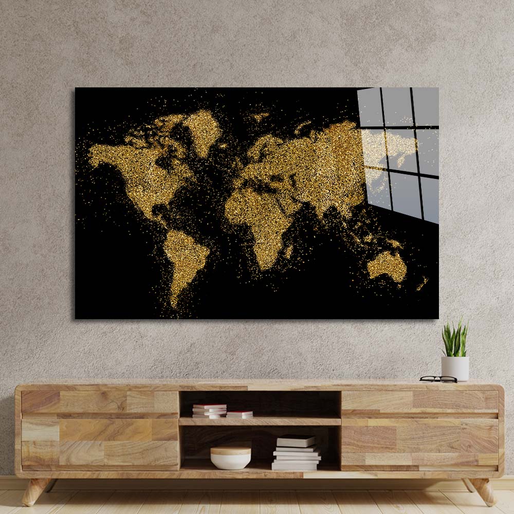 World Map in Black and Gold Glass Wall Art