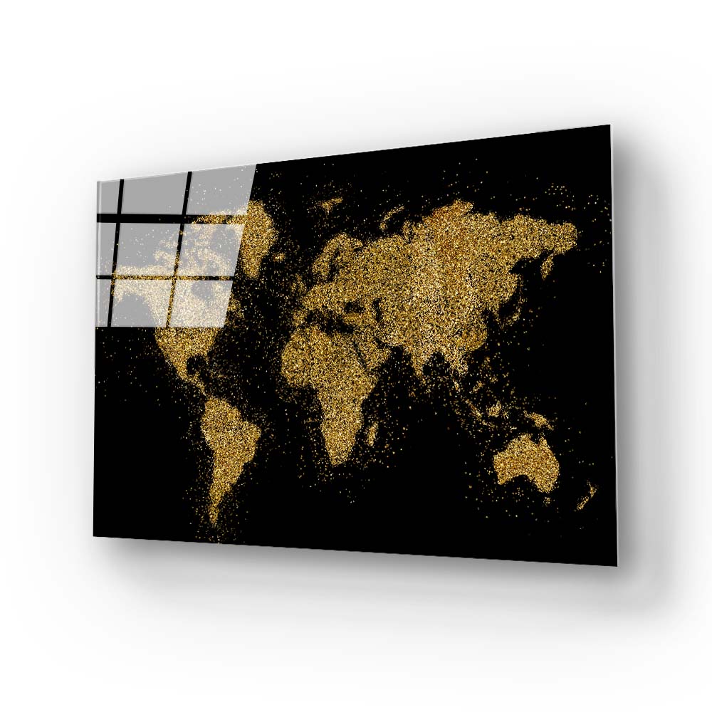 World Map in Black and Gold Glass Wall Art