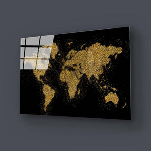 World Map in Black and Gold Glass Wall Art