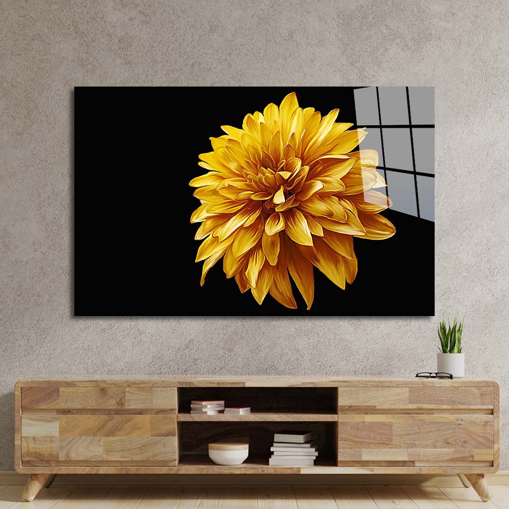 Yellow Chrysanthemum with Black Background Glass Wall Art
