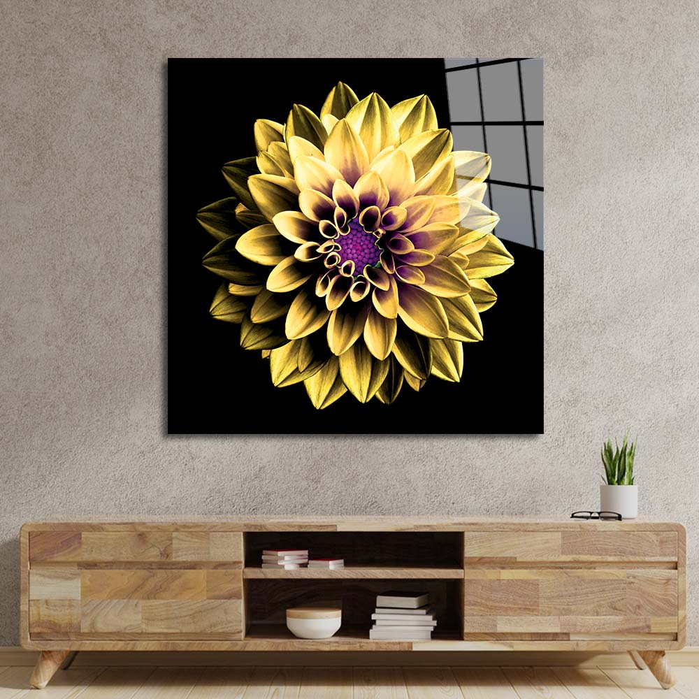 Yellow and Purple Dahlia Glass Wall Art
