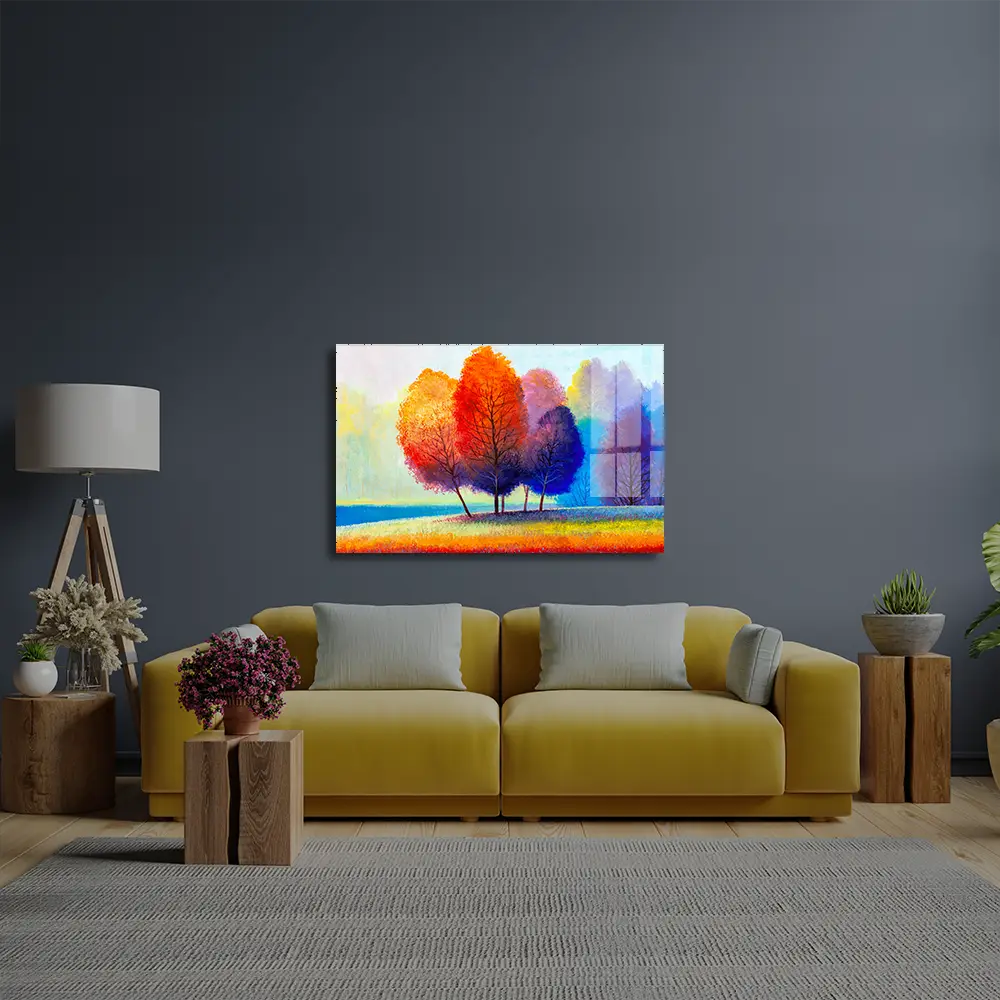 Colorful Autumn Forest Beautiful River Glass Wall Art