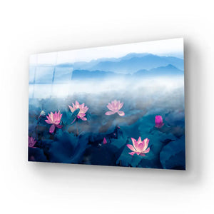 Lotus Pond Distant Mountain Fog Clouds Glass Wall Art