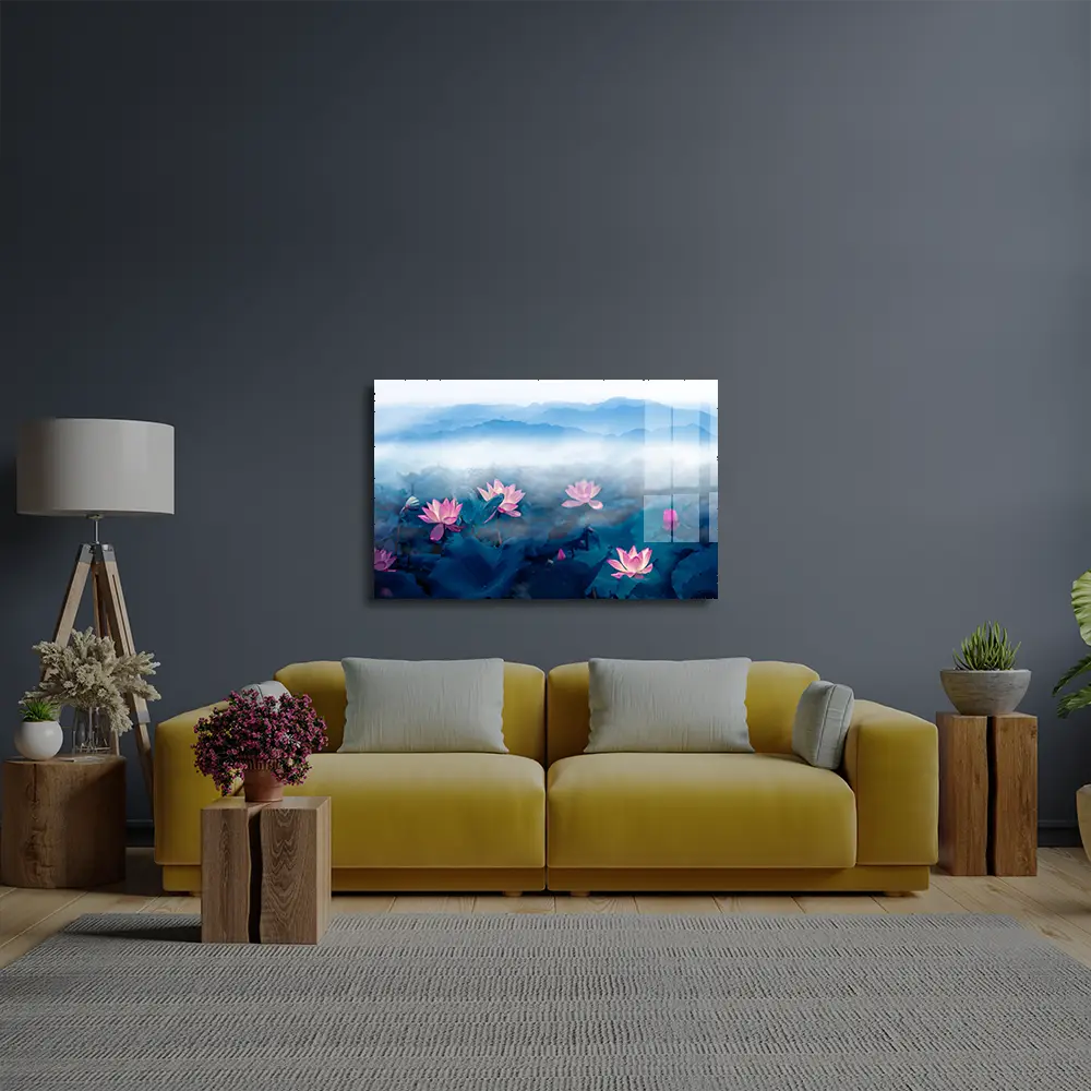 Lotus Pond Distant Mountain Fog Clouds Glass Wall Art