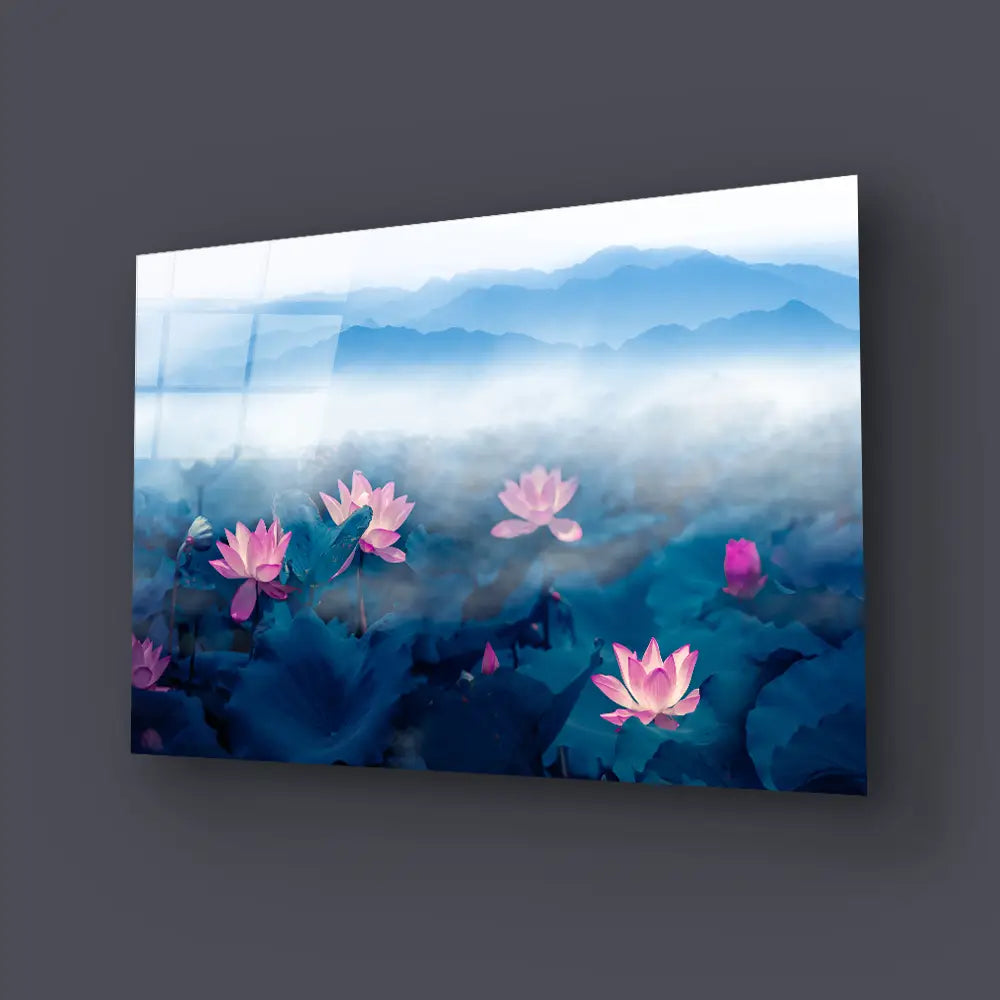 Lotus Pond Distant Mountain Fog Clouds Glass Wall Art