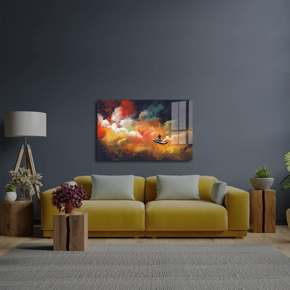 Man Boat Outer Space Colorful Cloud Glass Wall Art