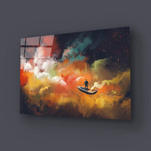 Man Boat Outer Space Colorful Cloud Glass Wall Art