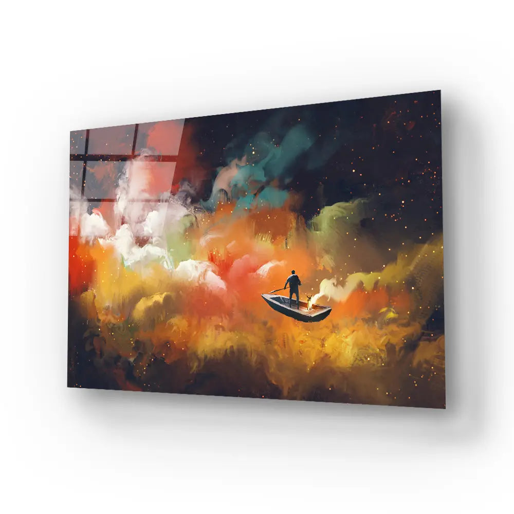Man Boat Outer Space Colorful Cloud Glass Wall Art