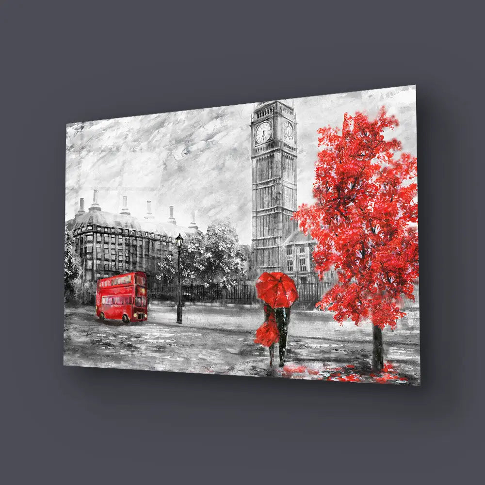 Street London Man Woman Under Red Umbrella Bus Road Glass Wall Art