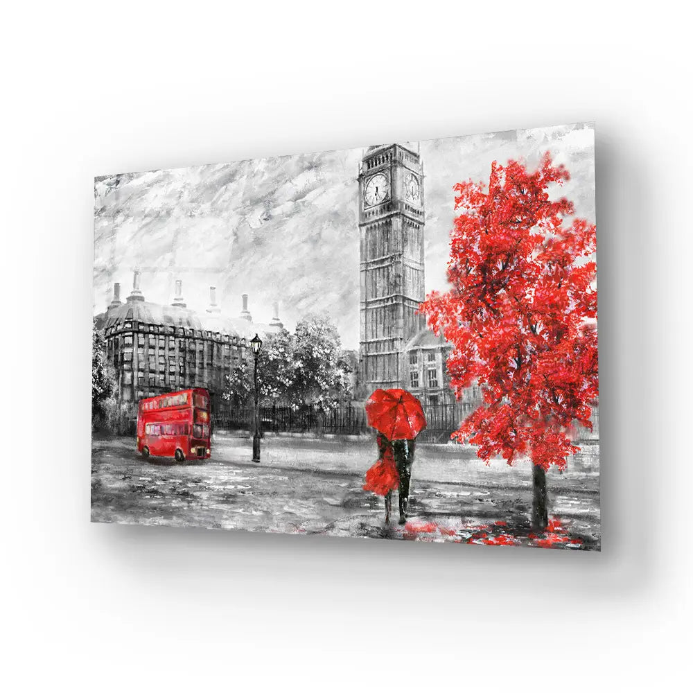 Street London Man Woman Under Red Umbrella Bus Road Glass Wall Art